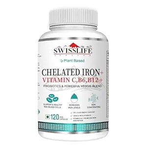 SwissLife Forever Chelated Iron with Folic Acid & Vitamin C | Enriched with Probiotics, Vitamin B6, B9 & B12 | Supports Hemoglobin, Energy & Immunity | 60 Veg Capsules (Pack of 1)