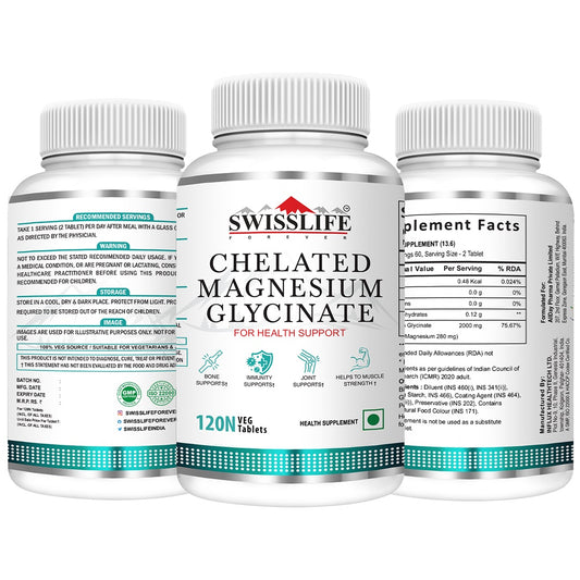 SwissLife Forever Chelated Magnesium Glycinate Tablets | Dietary Supplement with Magnesium & Amino Acids | Supports Bone, Muscle & Heart Health | For Men & Women | 120 Tablets