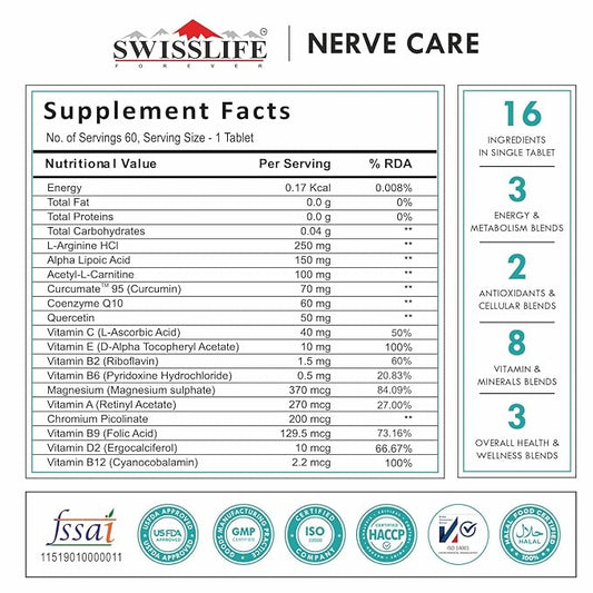SwissLife Forever Nerve Care Tablets | With Curcumate™ 95 (Curcumin), Coenzyme Q10 & Alpha Lipoic Acid | Supports Nerve Health, Bone Strength, Eye & Skin Wellness | For Men & Women | 60 Tablets