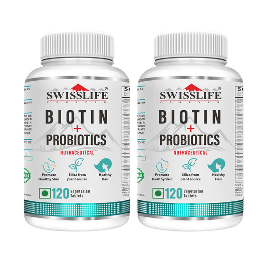 SwissLife Forever Biotin with Probiotics | Hair, Skin & Nail Health Supplement | Plant Based Biotin Tablets for Men & Women | Supports Hair Growth, Skin Glow & Stronger Nails | 120 Tablets (Pack of 2)