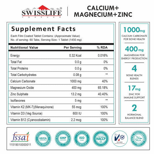SwissLife Forever Calcium Magnesium Zinc with Vitamin D3, K2 MK7 & B12 | Bone Strength, Immunity & Nerve Health Support | Calcium Supplement for Men & Women | 60 Tablets (Pack of 2)