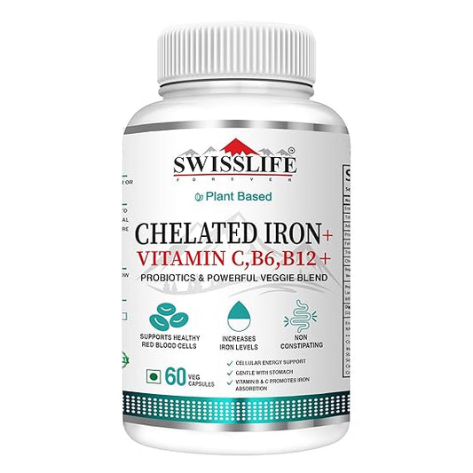 SwissLife Forever Chelated Iron with Folic Acid & Vitamin C | Enriched with Probiotics, Vitamin B6, B9 & B12 | Supports Hemoglobin, Energy & Immunity | 60 Veg Capsules (Pack of 1)
