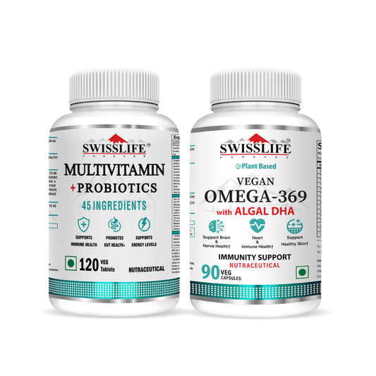 SwissLife Forever combo pack of Multivitamin Probiotics 120 tablets & Vegan Omega 3 6 9 with Algal DHA 90 Capsules