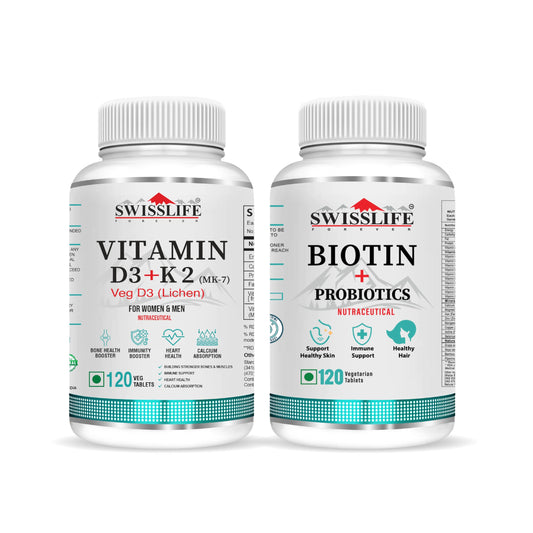 SwissLife Forever Combo Pack of Vitamin D3 +k2 Tablets with Biotin Probiotics Tablets (120 Tablets Each)