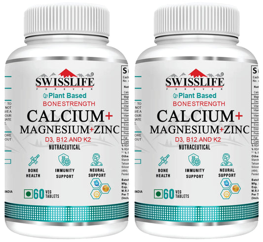 SwissLife Forever Calcium Magnesium Zinc with Vitamin D3, K2 MK7 & B12 | Bone Strength, Immunity & Nerve Health Support | Calcium Supplement for Men & Women | 60 Tablets (Pack of 2)
