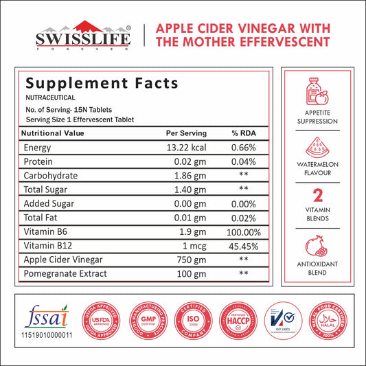 SwissLife Forever Apple Cider Vinegar Effervescent Tablets with Vitamin B6 & B12 | 750 mg | Plant-Based | Supports Digestion & Metabolism | Watermelon Flavour | 15 Tablets (Pack of 1)