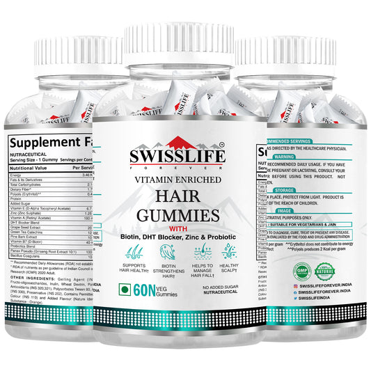 SwissLife Forever Hair Gummies with Biotin, DHT Blocker, Zinc & Probiotics | Supports Hair Growth, Scalp Health & Helps Reduce Hair Fall | For Men & Women | Vitamin-Enriched Gummies | 60 Gummies
