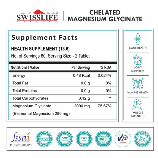 SwissLife Forever Chelated Magnesium Glycinate Tablets | Dietary Supplement with Magnesium & Amino Acids | Supports Bone, Muscle & Heart Health | For Men & Women | 120 Tablets
