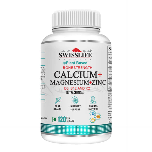 SwissLife Forever Calcium Magnesium Zinc with Vitamin D3, K2 MK7 & B12 | Bone Strength, Immunity & Nerve Health Support | Calcium Supplement for Men & Women | 60 & 120 Tablets