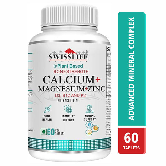 SwissLife Forever Calcium Magnesium Zinc with Vitamin D3, K2 MK7 & B12 | Bone Strength, Immunity & Nerve Health Support | Calcium Supplement for Men & Women | 60 & 120 Tablets