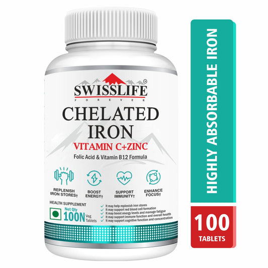 SwissLife Forever Chelated Iron Tablets | Iron, Vitamin C, Zinc, Folic Acid & Vitamin B12 Formula for Anemia Support, Energy, Immunity, and Overall Health for Men & Women | 100 Tablets