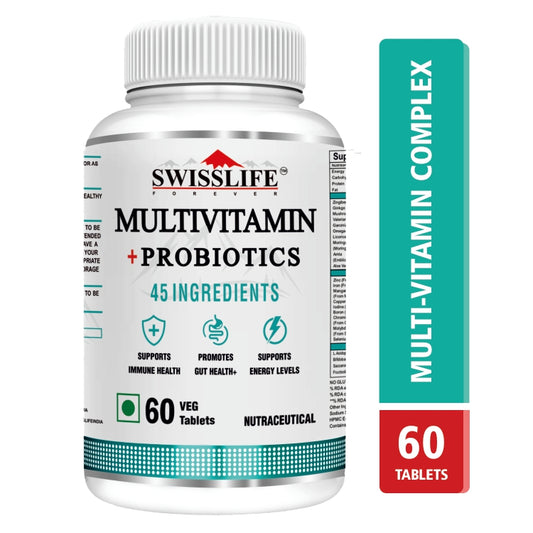 SwissLife Forever Multivitamin with Probiotics | 45 Ingredients with Vitamins A, B Complex, C, D, E, Zinc, Biotin, Minerals & Giloy | For Men & Women | (60 & 120 Tablets)