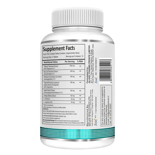 SwissLife Forever Testosterone Supplement for Men | Tribulus 1000mg, Ashwagandha, L-Citrulline, Kaunch Beej | Plant-Based Formula | Supports Strength, Stamina, Energy & Performance | 30 Tablets