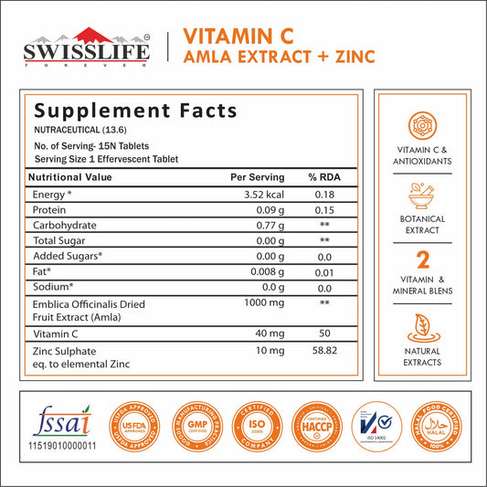 SwissLife Forever Vitamin C Amla Extract + Zinc with Immunity & Acne-free Skin - 15 Effervescent Tablets for Men & Women
