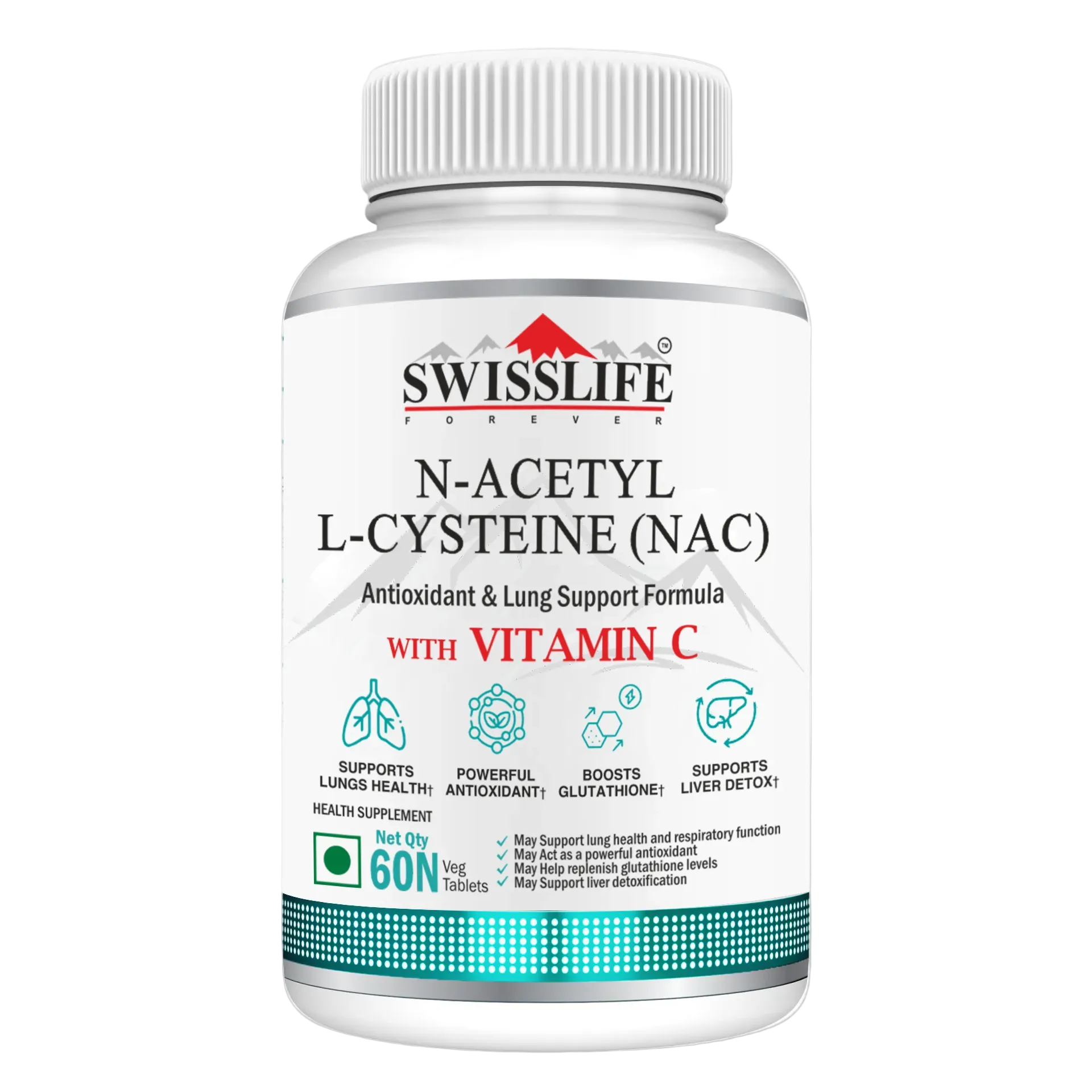 SwissLife Forever N-Acetyl L-Cysteine (NAC) 600mg | Antioxidant & Lung Support Formula for Immunity, Liver Health, and Cellular Protection | 60 Tablets