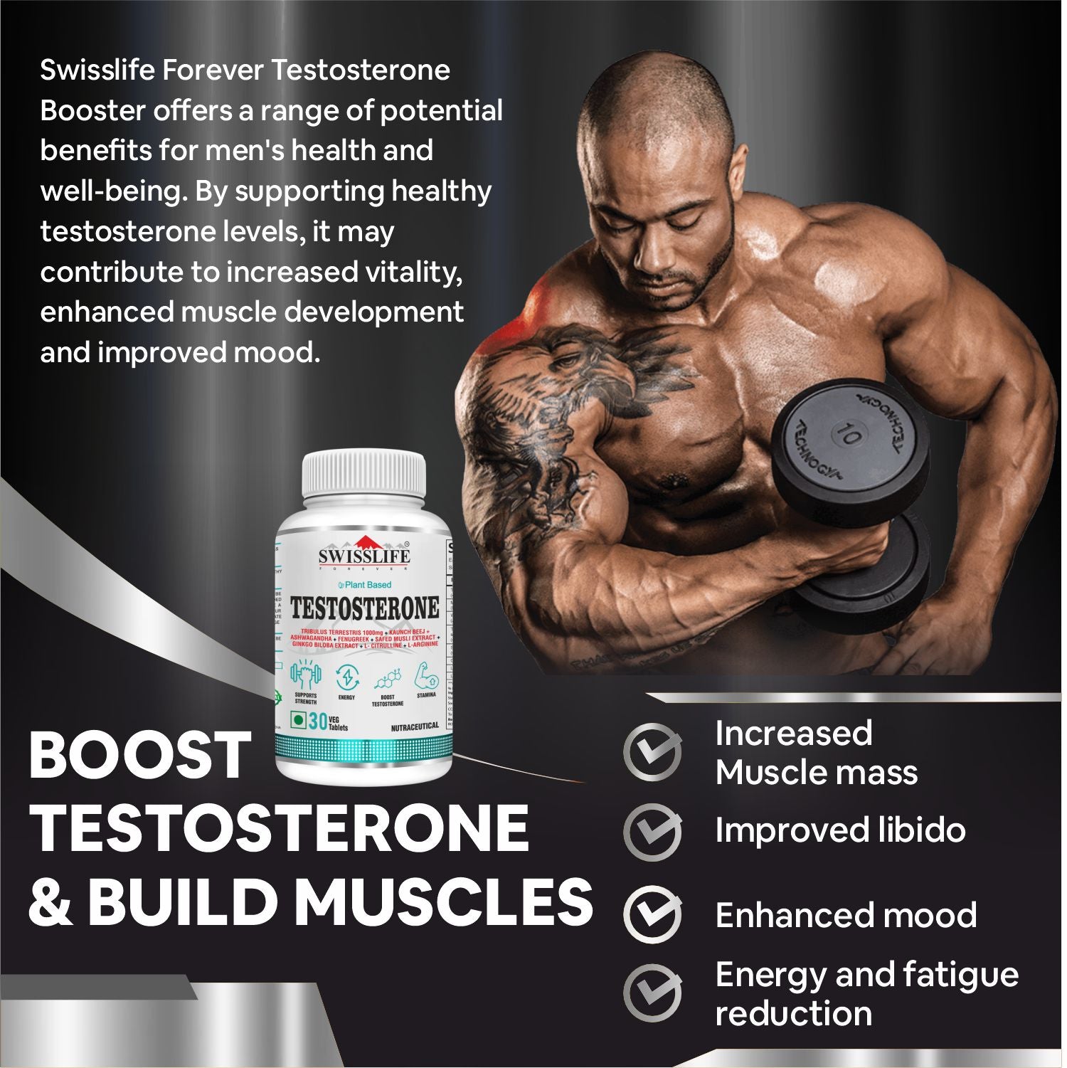 SwissLife Forever Testosterone Supplement for Men | Tribulus 1000mg, Ashwagandha, L-Citrulline, Kaunch Beej | Plant-Based Formula | Supports Strength, Stamina, Energy & Performance | 30 Tablets