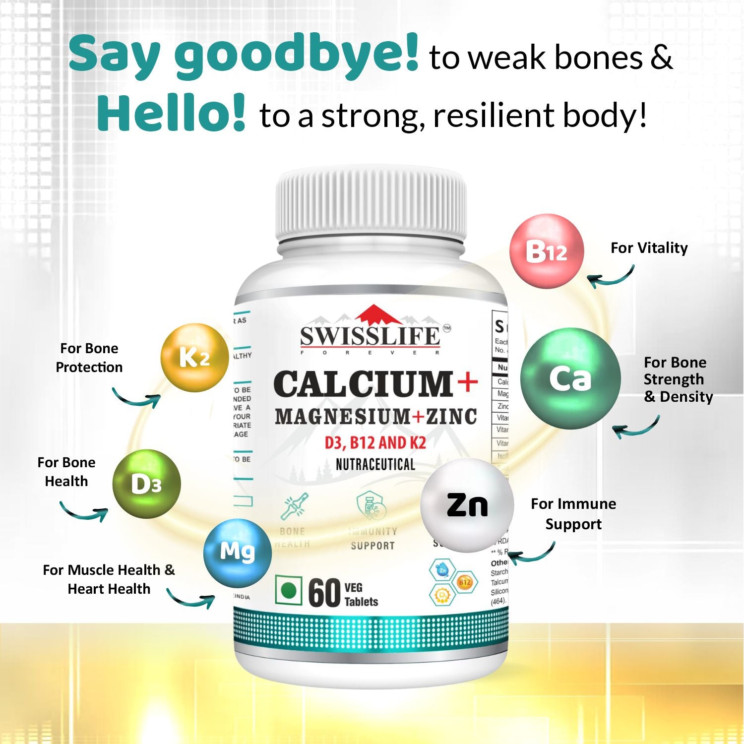 Calcium Magnesium Zinc with Vitamin D3, B12 & K2 | Calcium Tablets for Bone Health & Joint Support – Veg (120 Tablets) for Men & Women