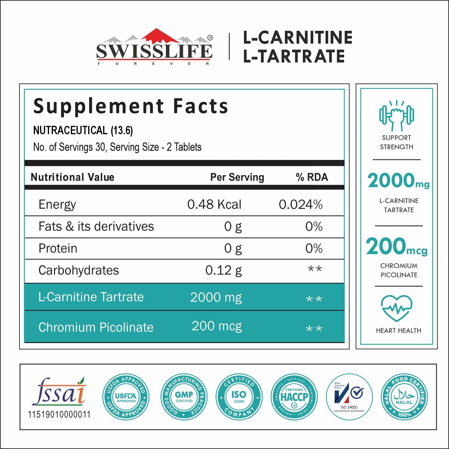 SwissLife Forever L-Carnitine Tartrate 2000mg | May promote cardiovascular health | Health Endurance & Performance Support | 60 Tablets