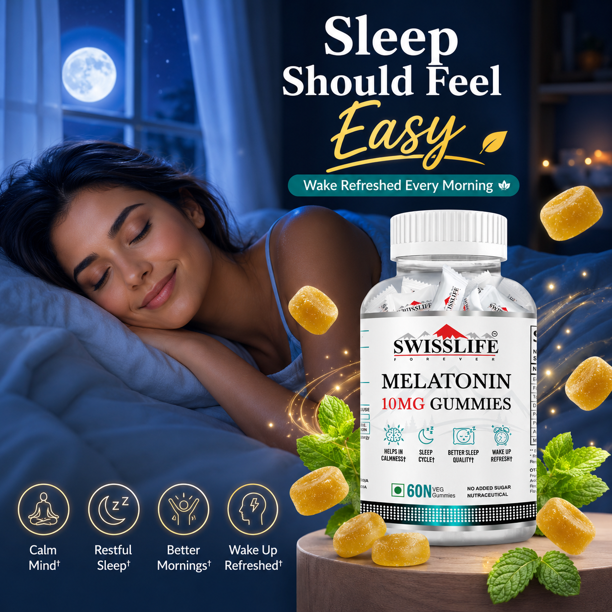 SwissLife Forever | Melatonin 10mg Gummies for Sleep Support for Daily Wellness | For Men & Women | Vegan, Sugar-Free, Non-Habit Forming  | 60 Gummies