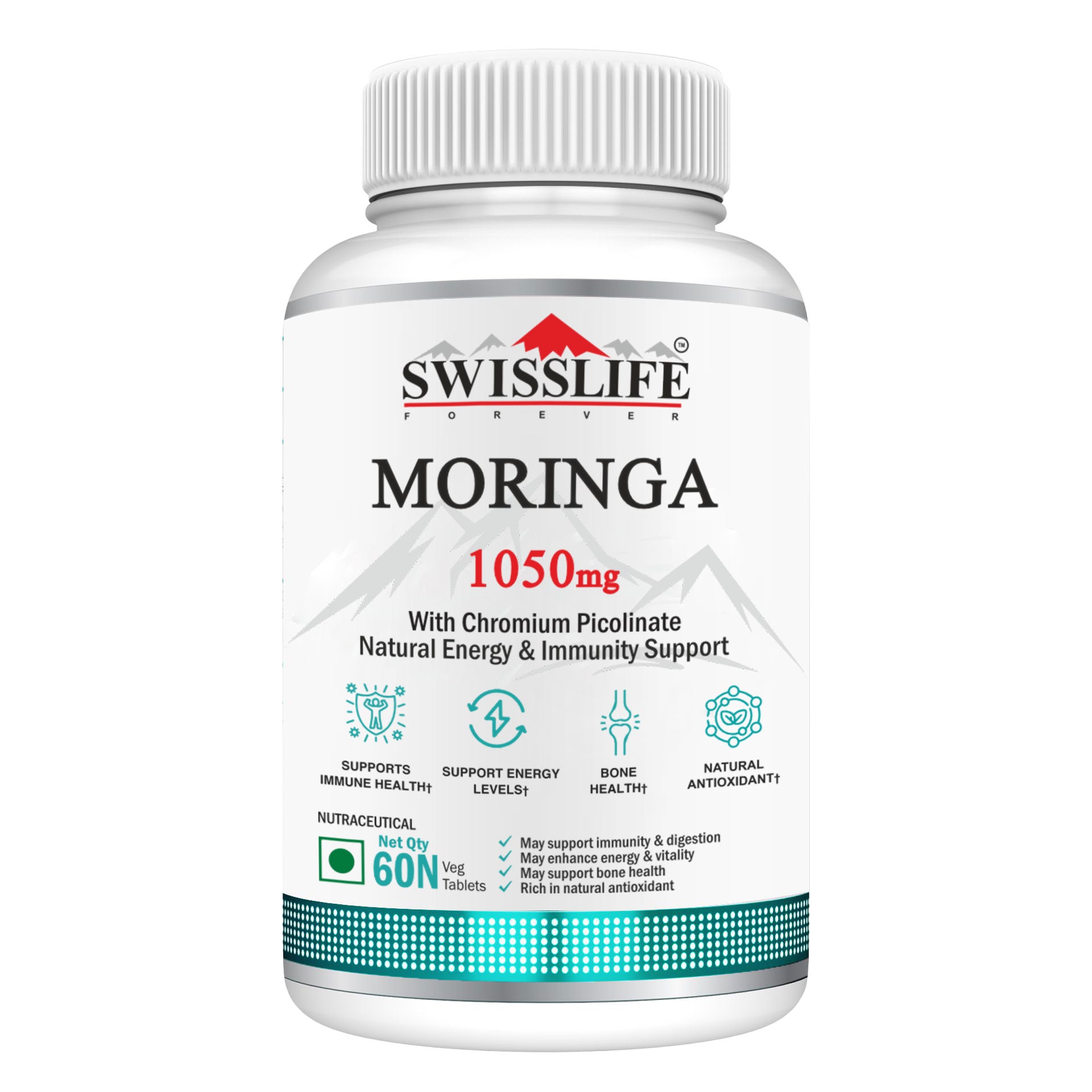 SwissLife Forever Moringa Tablets | Natural Energy & Immunity Support Formula for Digestion, Metabolism, and Overall Wellness | 60 Tablets