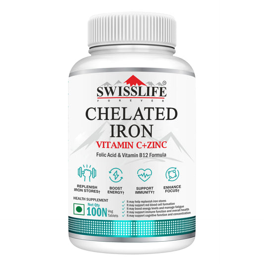 SwissLife Forever Chelated Iron Tablets | Iron, Vitamin C, Zinc, Folic Acid & Vitamin B12 Formula for Anemia Support, Energy, Immunity, and Overall Health for Men & Women | 100 Tablets