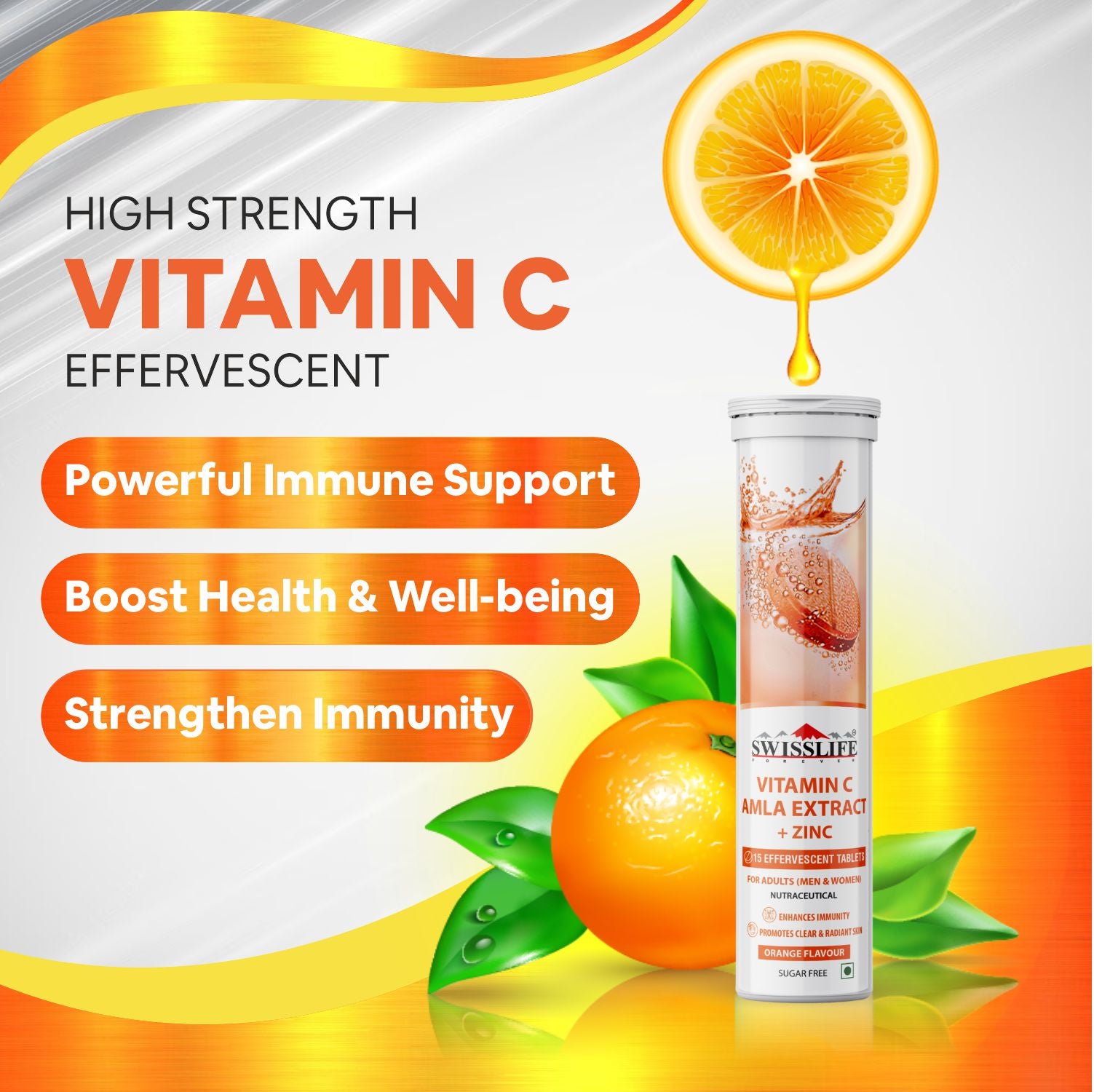 SwissLife Forever Vitamin C Amla Extract + Zinc with Immunity & Acne-free Skin - 15 Effervescent Tablets for Men & Women