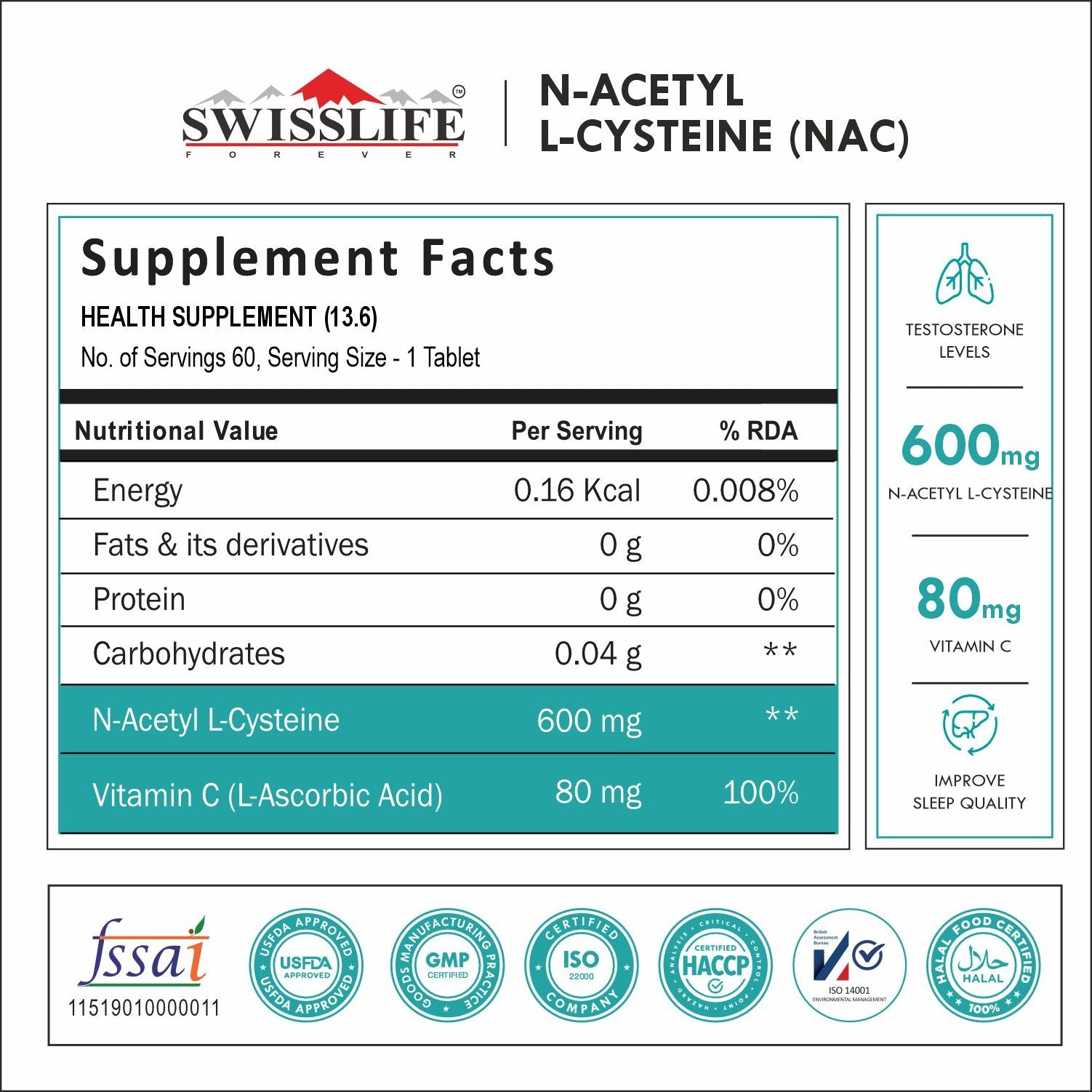 SwissLife Forever N-Acetyl L-Cysteine (NAC) 600mg | Antioxidant & Lung Support Formula for Immunity, Liver Health, and Cellular Protection | 60 Tablets