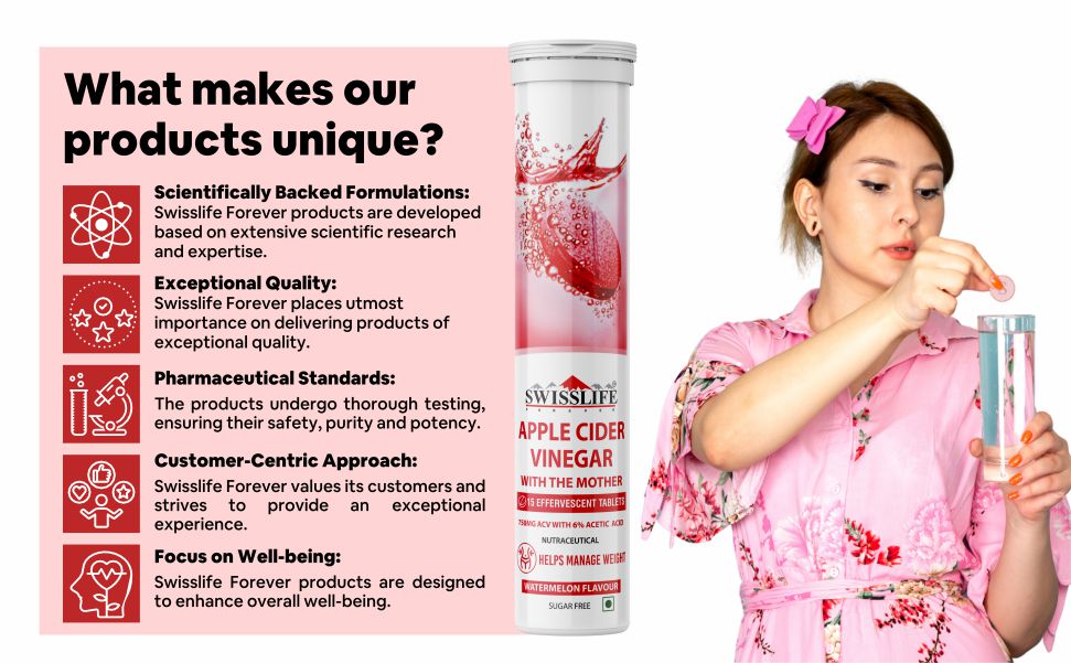 SwissLife Forever Apple Cider Vinegar Effervescent Tablets with Vitamin B6 & B12 | 750 mg | Plant-Based | Supports Digestion & Metabolism | Watermelon Flavour | 15 Tablets (Pack of 1)