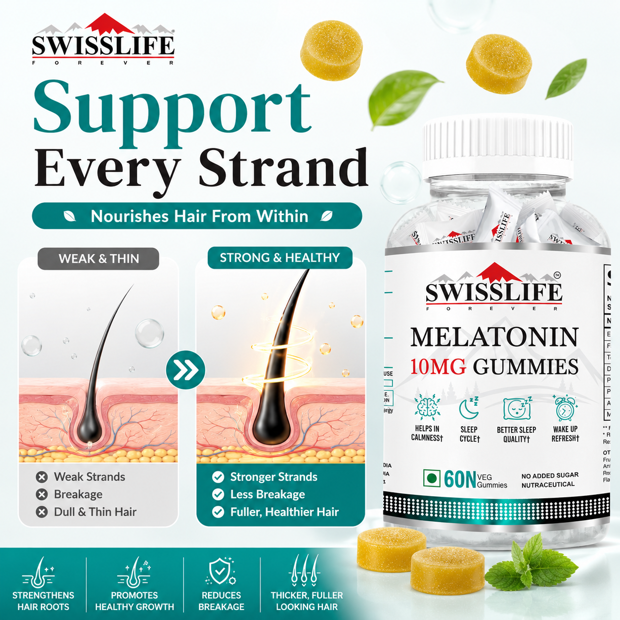 SwissLife Forever | Melatonin 10mg Gummies for Sleep Support for Daily Wellness | For Men & Women | Vegan, Sugar-Free, Non-Habit Forming  | 60 Gummies