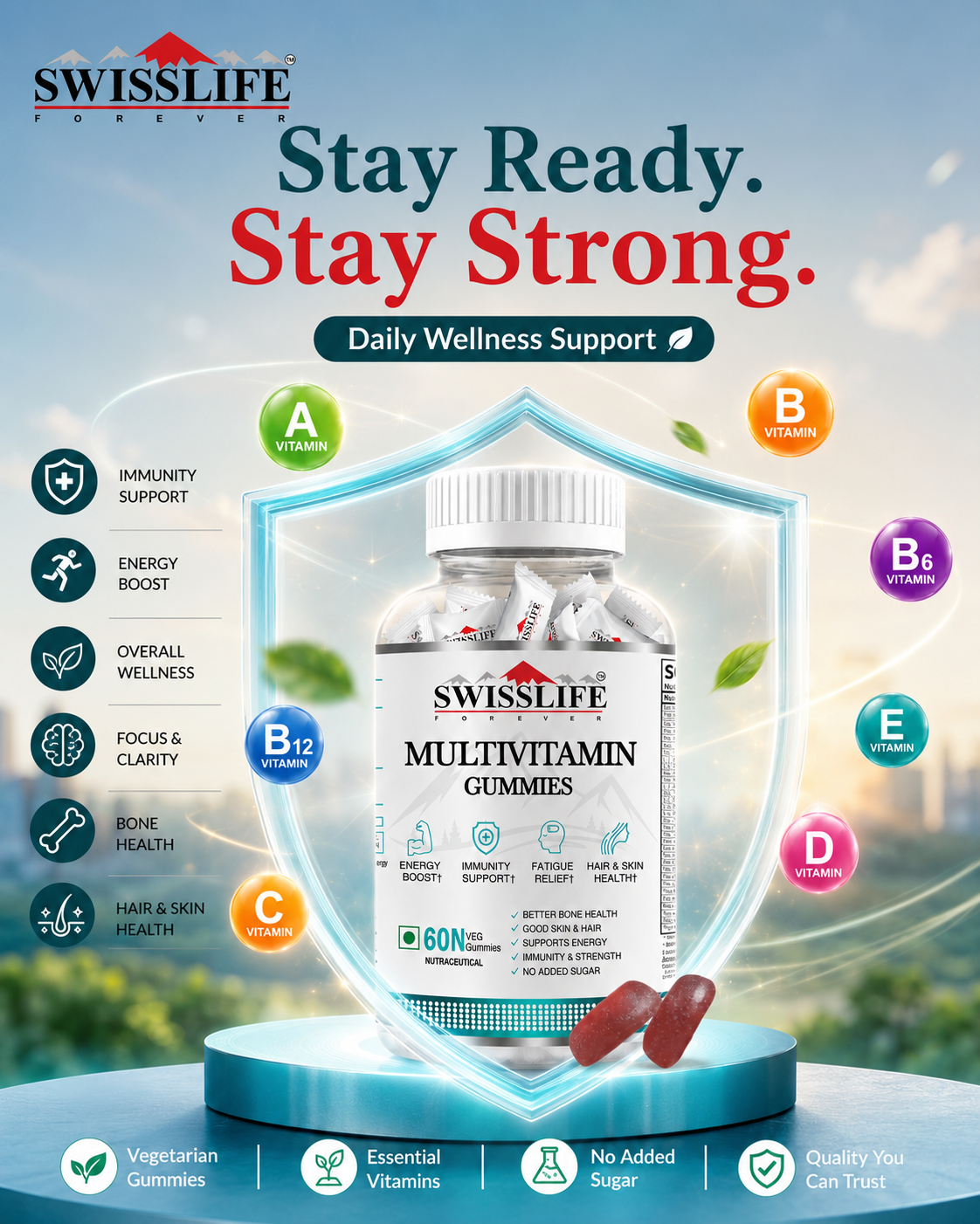 SwissLife Forever Multivitamin Gummies with Folic Acid & Vitamin C | Enriched with Vitamins A, D, E, B6, B9, B12 | Sugar-Free | Supports Immunity & Overall Health | 60 Veg Gummies