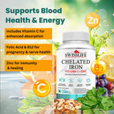 SwissLife Forever Chelated Iron Tablets | Iron, Vitamin C, Zinc, Folic Acid & Vitamin B12 Formula for Anemia Support, Energy, Immunity, and Overall Health for Men & Women | 100 Tablets