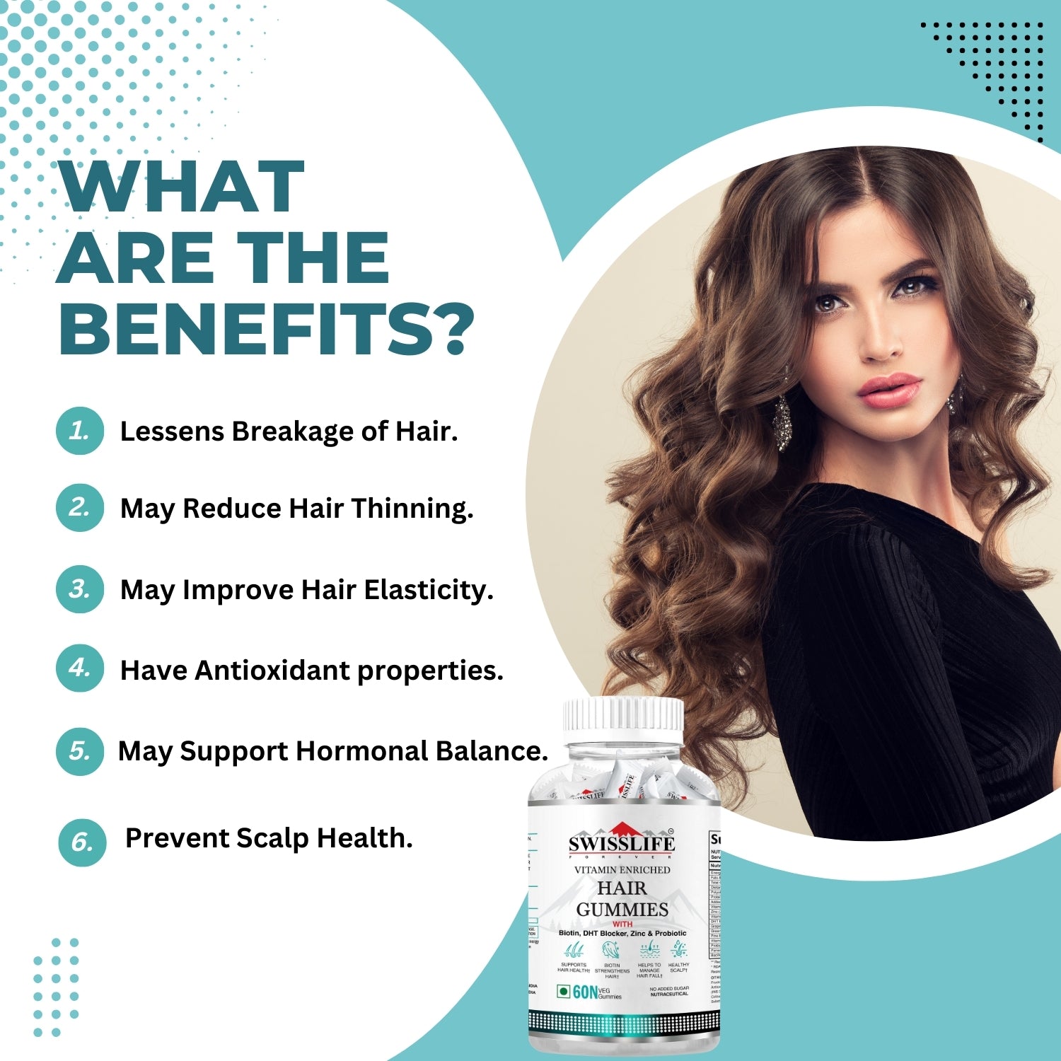 SwissLife Forever Hair Gummies with Biotin, DHT Blocker, Zinc & Probiotics | Supports Hair Growth, Scalp Health & Helps Reduce Hair Fall | For Men & Women | Vitamin-Enriched Gummies | 60 Gummies