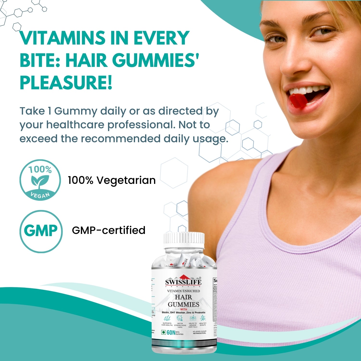 SwissLife Forever Hair Gummies with Biotin, DHT Blocker, Zinc & Probiotics | Supports Hair Growth, Scalp Health & Helps Reduce Hair Fall | For Men & Women | Vitamin-Enriched Gummies | 60 Gummies
