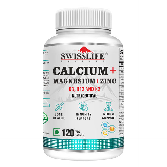 Calcium Magnesium Zinc with Vitamin D3, B12 & K2 | Calcium Tablets for Bone Health & Joint Support – Veg Tablets for Men & Women