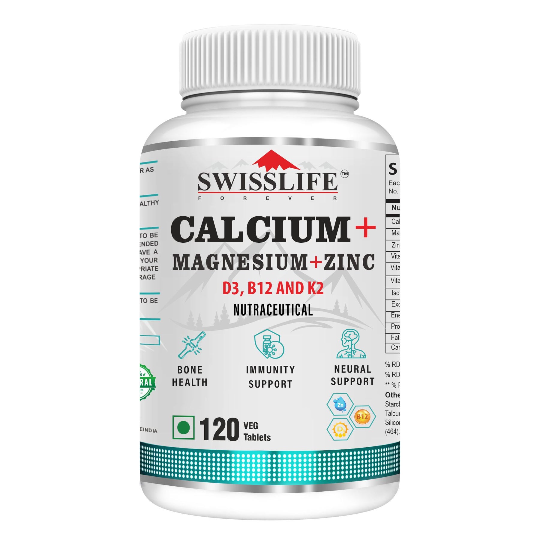 Calcium Magnesium Zinc with Vitamin D3, B12 & K2 | Calcium Tablets for Bone Health & Joint Support – Veg (120 Tablets) for Men & Women