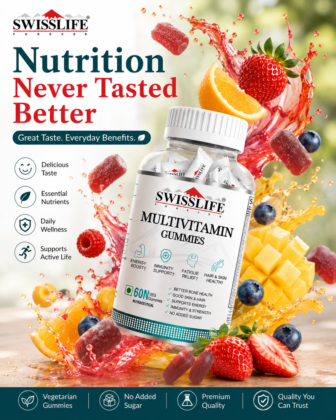 SwissLife Forever Multivitamin Gummies with Folic Acid & Vitamin C | Enriched with Vitamins A, D, E, B6, B9, B12 | Sugar-Free | Supports Immunity & Overall Health | 60 Veg Gummies