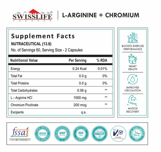 SWISSLIFE FOREVER L-ARGININE+ CHROMIUM, Help in Metabolism, Improved Blood Sugar Level, Cardiovascular Health for Men & Women, Pack Of 1 Of 120  Capsules