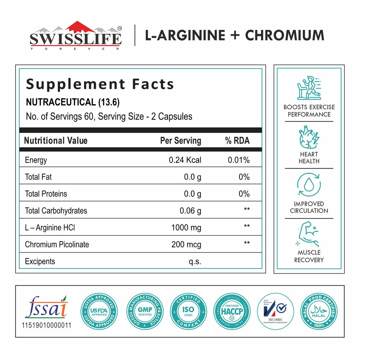 SWISSLIFE FOREVER L-ARGININE+ CHROMIUM, Help in Metabolism, Improved Blood Sugar Level, Cardiovascular Health for Men & Women, Pack Of 1 Of 120  Capsules