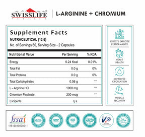 SWISSLIFE FOREVER L-ARGININE+ CHROMIUM, Help in Metabolism, Improved Blood Sugar Level, Cardiovascular Health for Men & Women, Pack Of 1 Of 120  Capsules