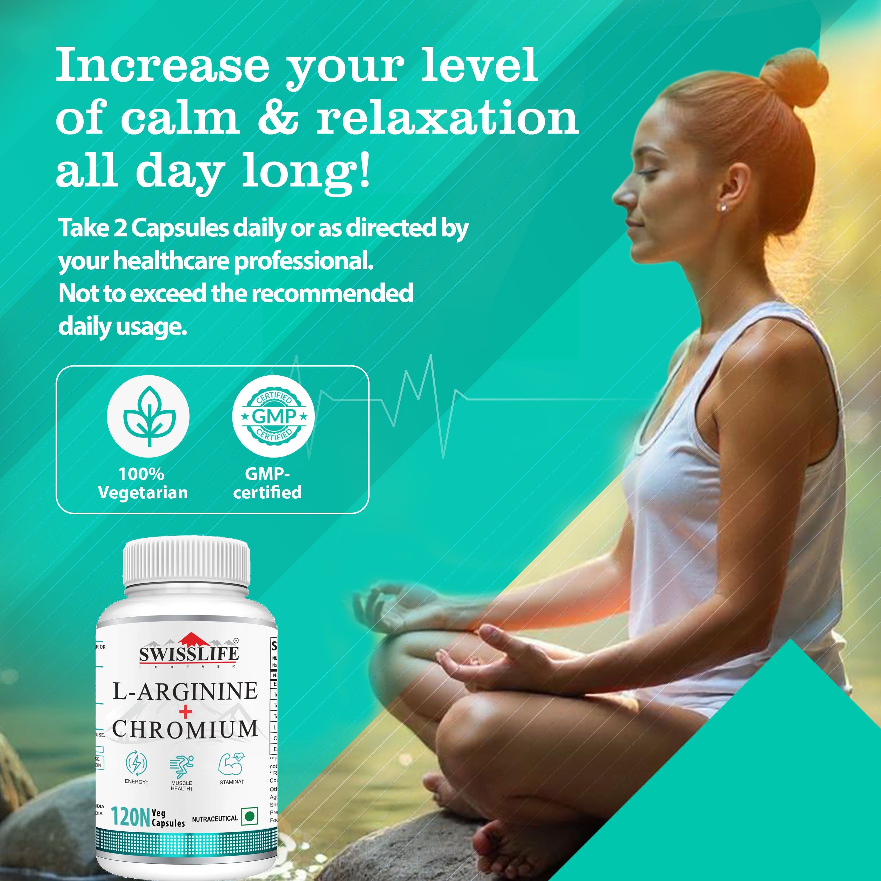 SwissLife Forever L-Arginine with Chromium | Supports Metabolism, Healthy Blood Sugar Levels & Cardiovascular Wellness | For Men & Women | 120 Capsules