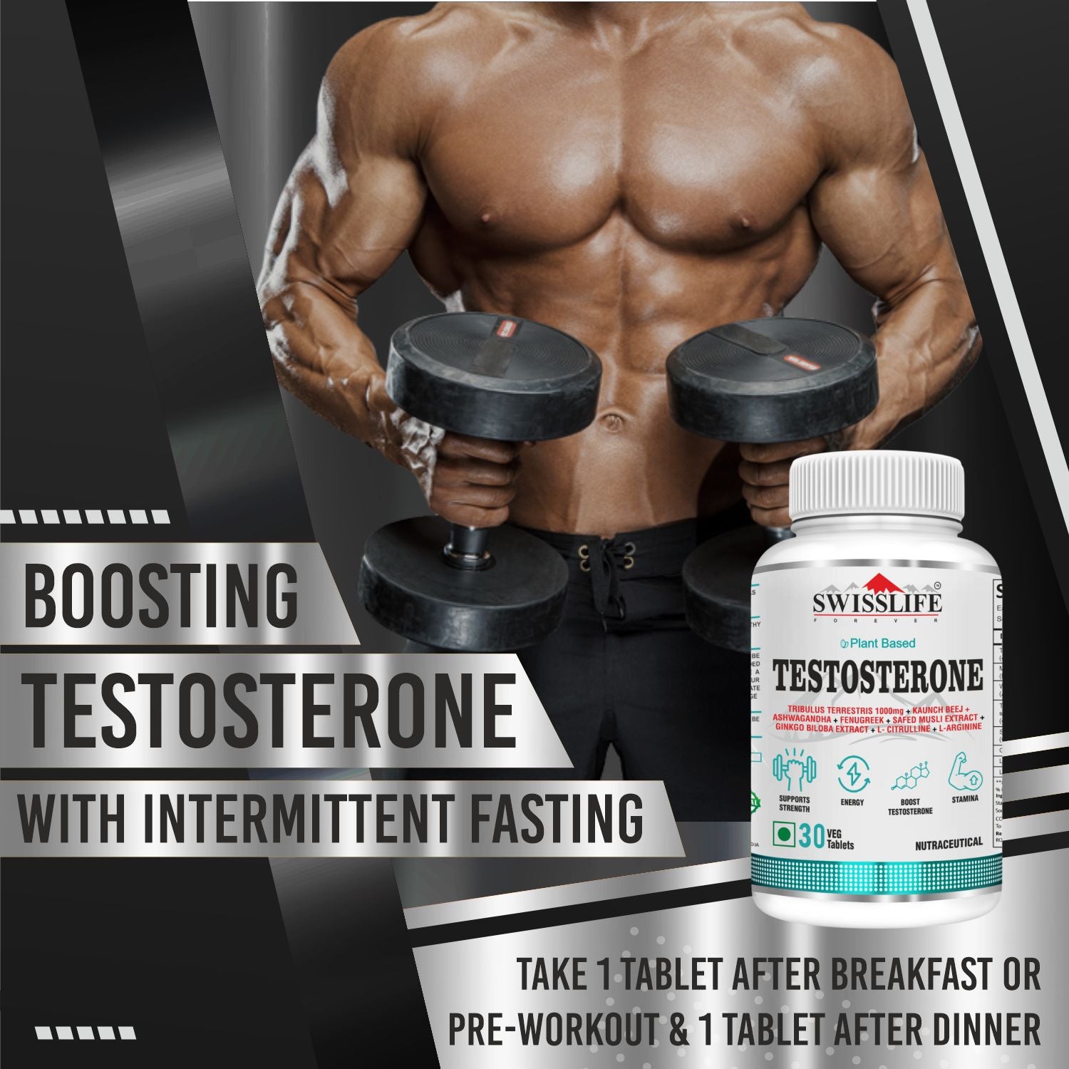 SwissLife Forever Testosterone Supplement for Men | Tribulus 1000mg, Ashwagandha, L-Citrulline, Kaunch Beej | Plant-Based Formula | Supports Strength, Stamina, Energy & Performance | 30 Tablets
