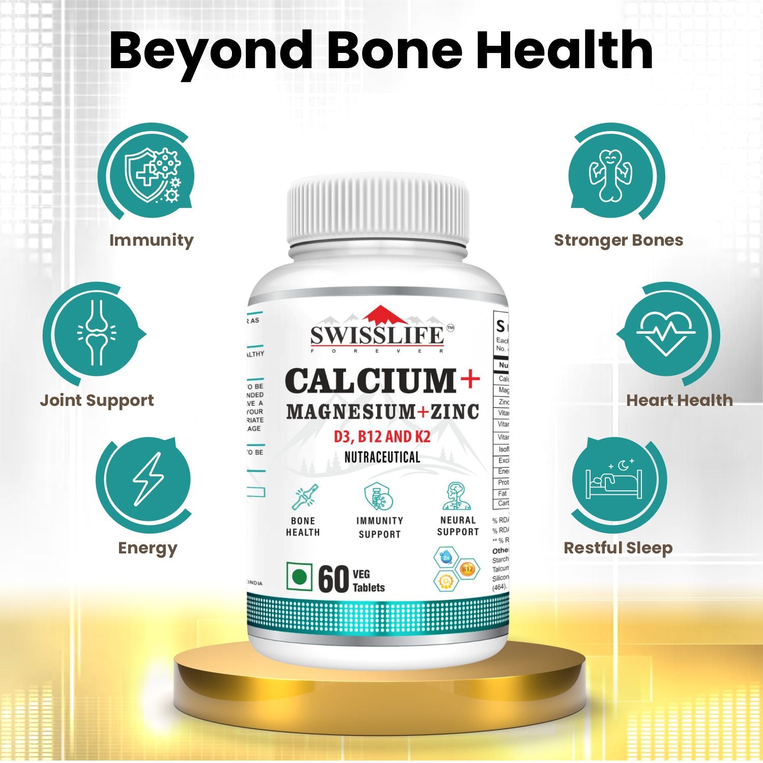 Calcium Magnesium Zinc with Vitamin D3, B12 & K2 | Calcium Tablets for Bone Health & Joint Support – Veg (120 Tablets) for Men & Women