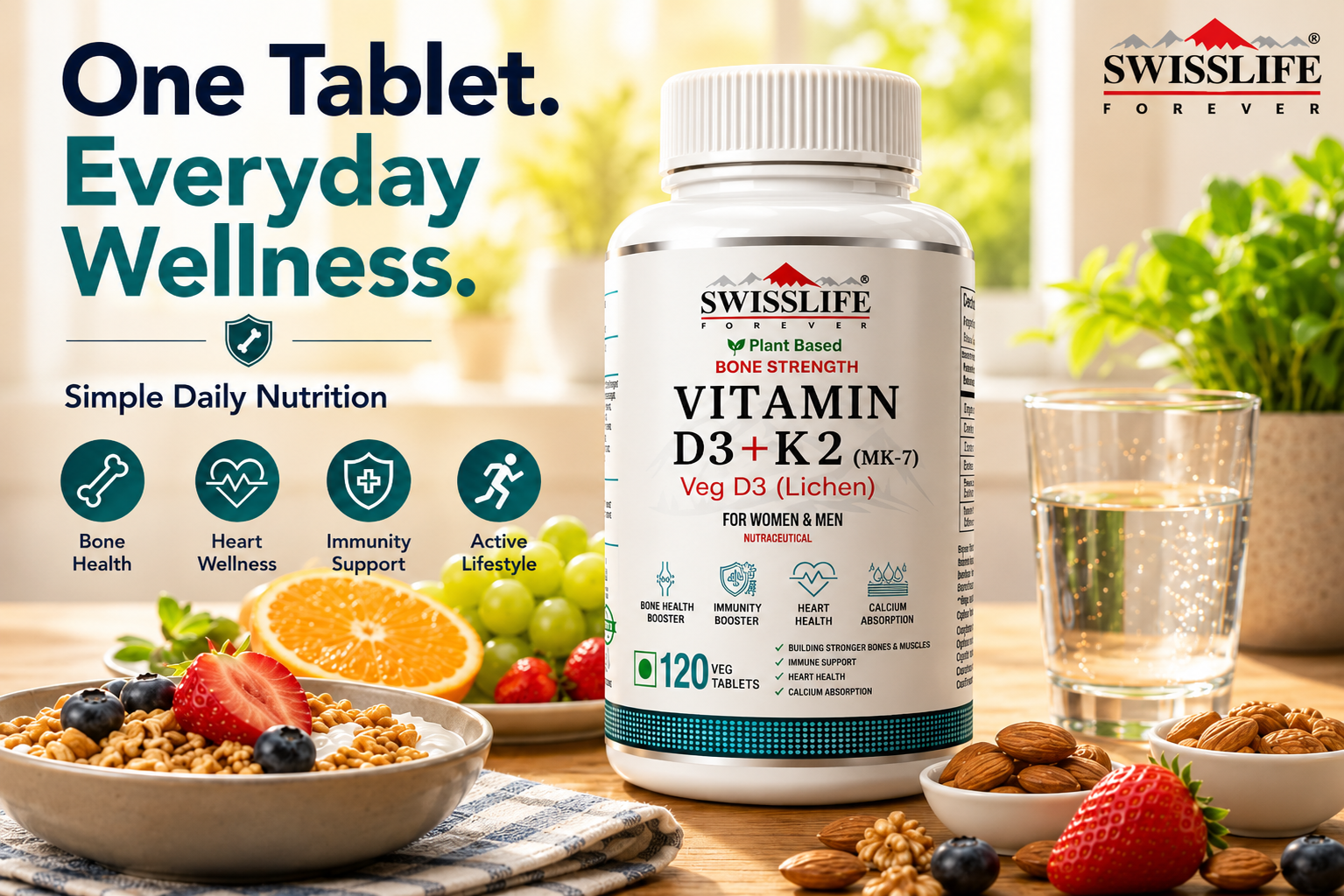 SwissLife Forever Vitamin D3 + K2 (MK7) | Plant-Based Vitamin D3 from Lichen | Supports Immunity, Heart, Muscle & Bone Health | 60 Veg Tablets (Pack of 2)