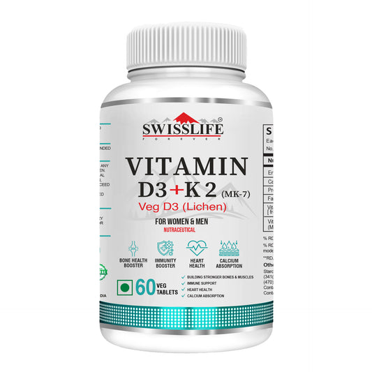 SwissLife Forever Vitamin D3 + K2 (MK7) | Plant-Based Vitamin D3 from Lichen | Supports Immunity, Heart, Muscle & Bone Health | Men & Women |(60 & 120 Tablets)