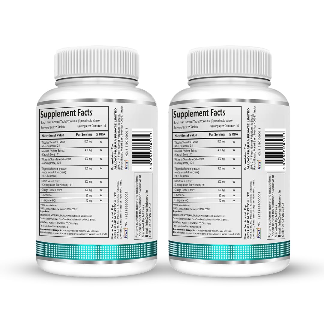 SwissLife Forever Testosterone Supplement for Men | Tribulus 1000mg, Ashwagandha, L-Citrulline, Kaunch Beej | Plant-Based Formula | Supports Strength, Stamina, Energy & Performance | 30 Tablets (Pack of 2)