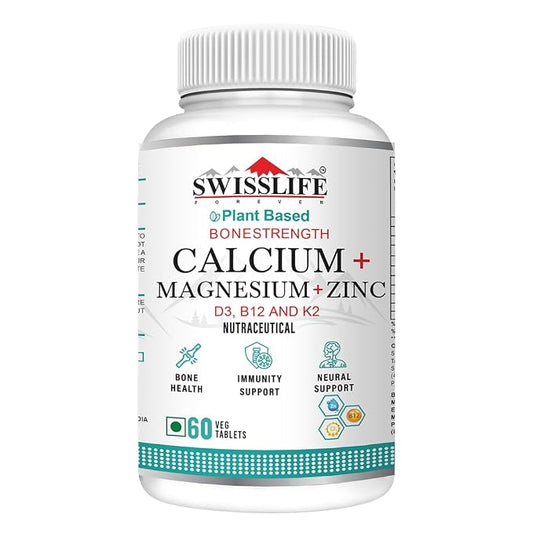 SwissLife Forever Calcium Magnesium Zinc with Vitamin D3, K2 MK7 & B12 | Bone Strength, Immunity & Nerve Health Support | Calcium Supplement for Men & Women | 60 & 120 Tablets
