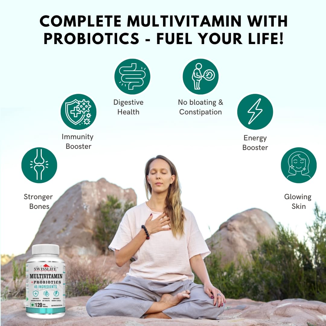 SwissLife Forever Multivitamin with Probiotics | 45 Premium Ingredients | Vitamins A, B Complex, C, D, E, Zinc, Biotin & Giloy | For Men & Women| 120 Tablets (Pack of 2)