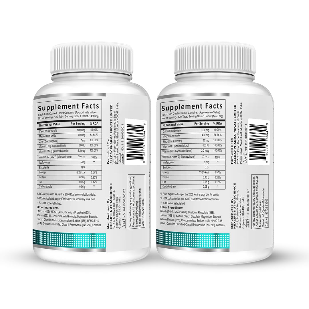 SwissLife Forever Calcium Magnesium Zinc with Vitamin D3, K2, MK7 & B12 | Bone Strength & Immunity Support for Men & Women | 120 Tablets (Pack of 2)