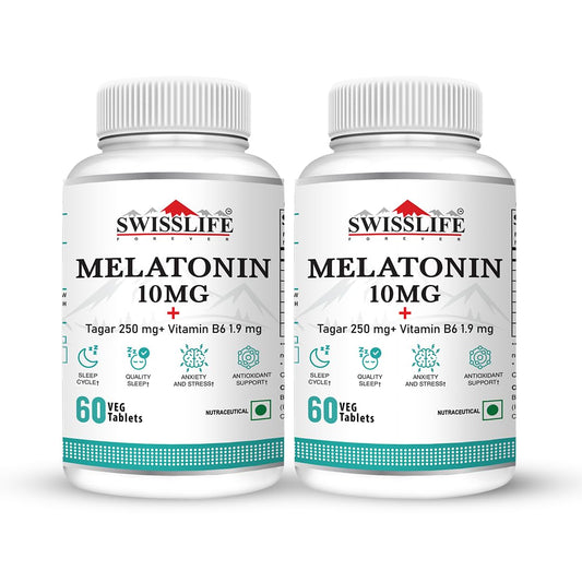 SWISSLIFE FOREVER Melatonin 10mg+ Tablet (60 Tablets-Pack of 2) | Tablet with Tagar and Vitamin B6 Help in Nerve Health and Sleeping Disorder for Men & Women