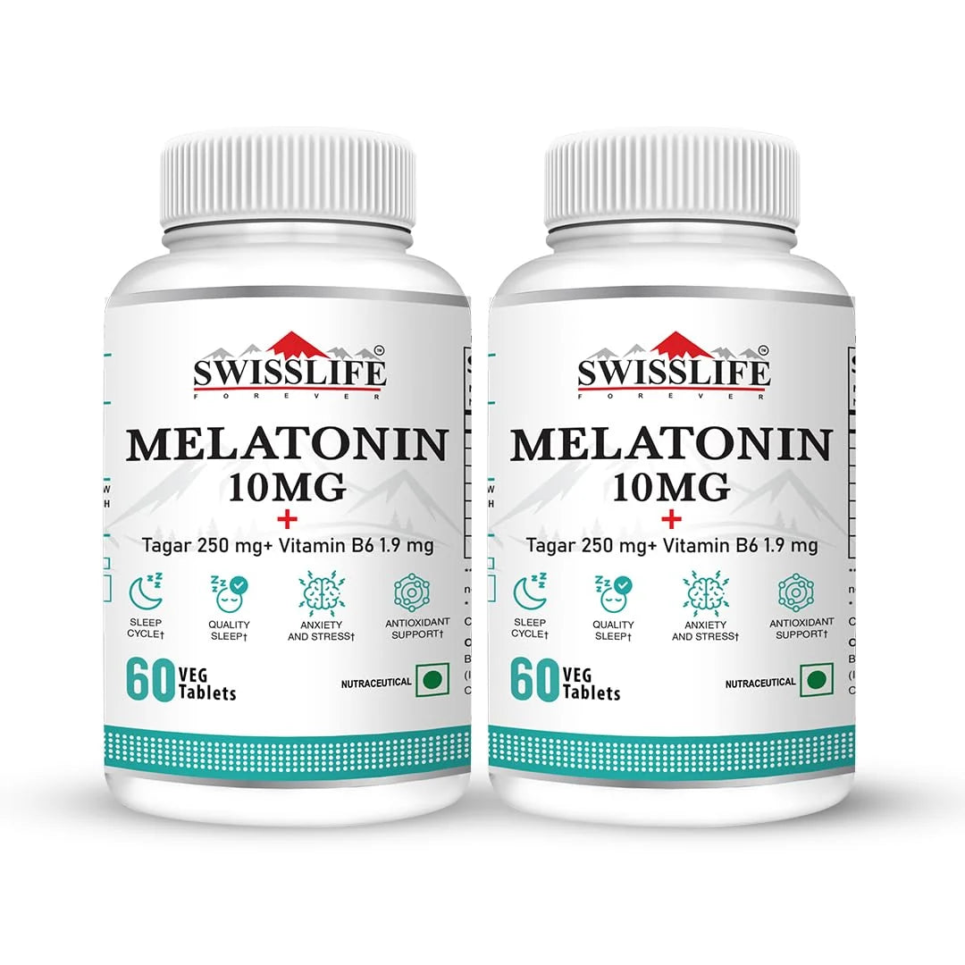 SwissLife Forever Melatonin 10mg + Tablets with Tagar & Vitamin B6 | Supports Sleep Cycle & Nerve Health | For Men & Women | Non-Habit Forming & Vegan | 60 Tablets